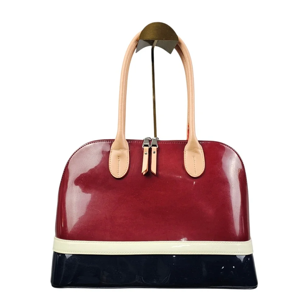 Polo Red Navy Blue Colorblock Patent Dome Satchel Bag Silver‎ Hardware Charm
